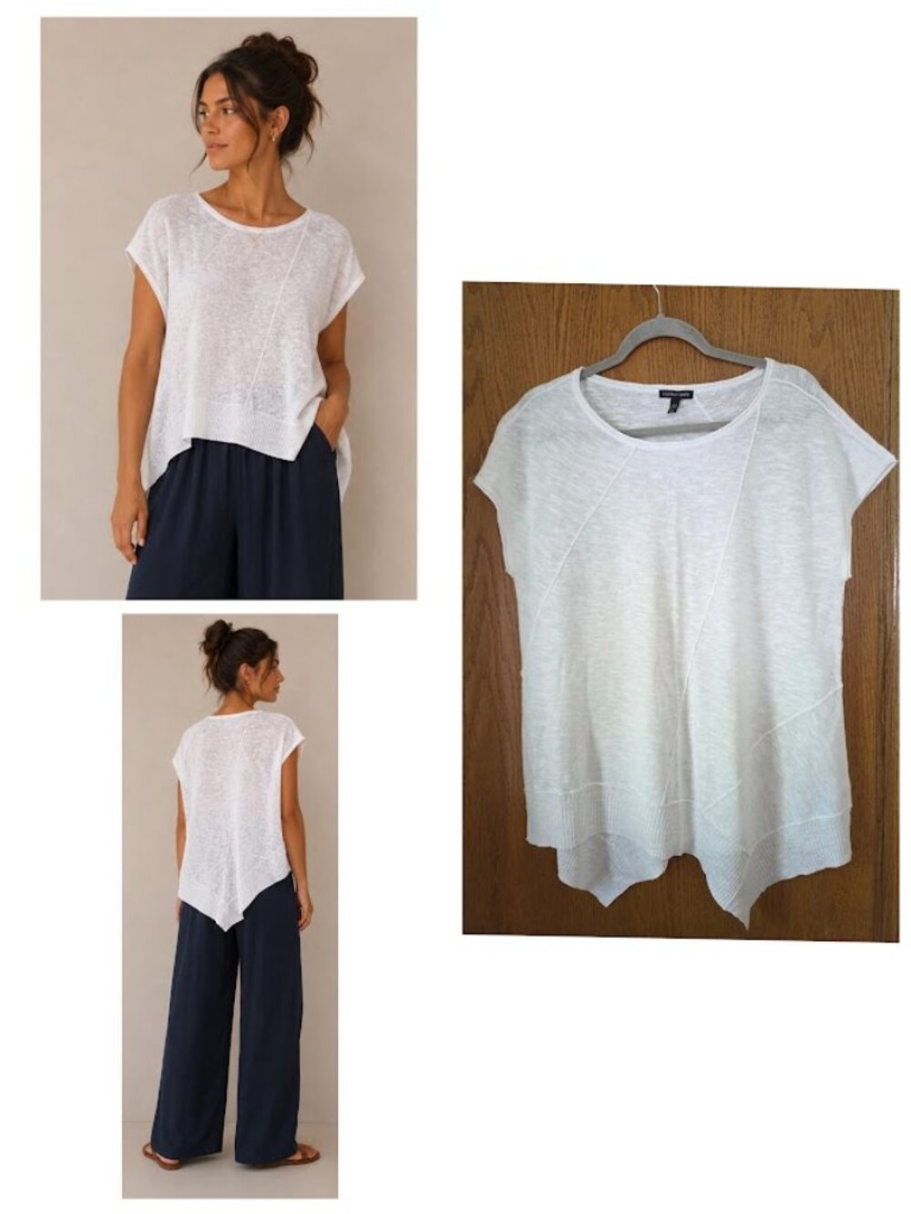 Eileen Fisher Linen Cotton Blend Asymmetric Short Sleeve Top White L